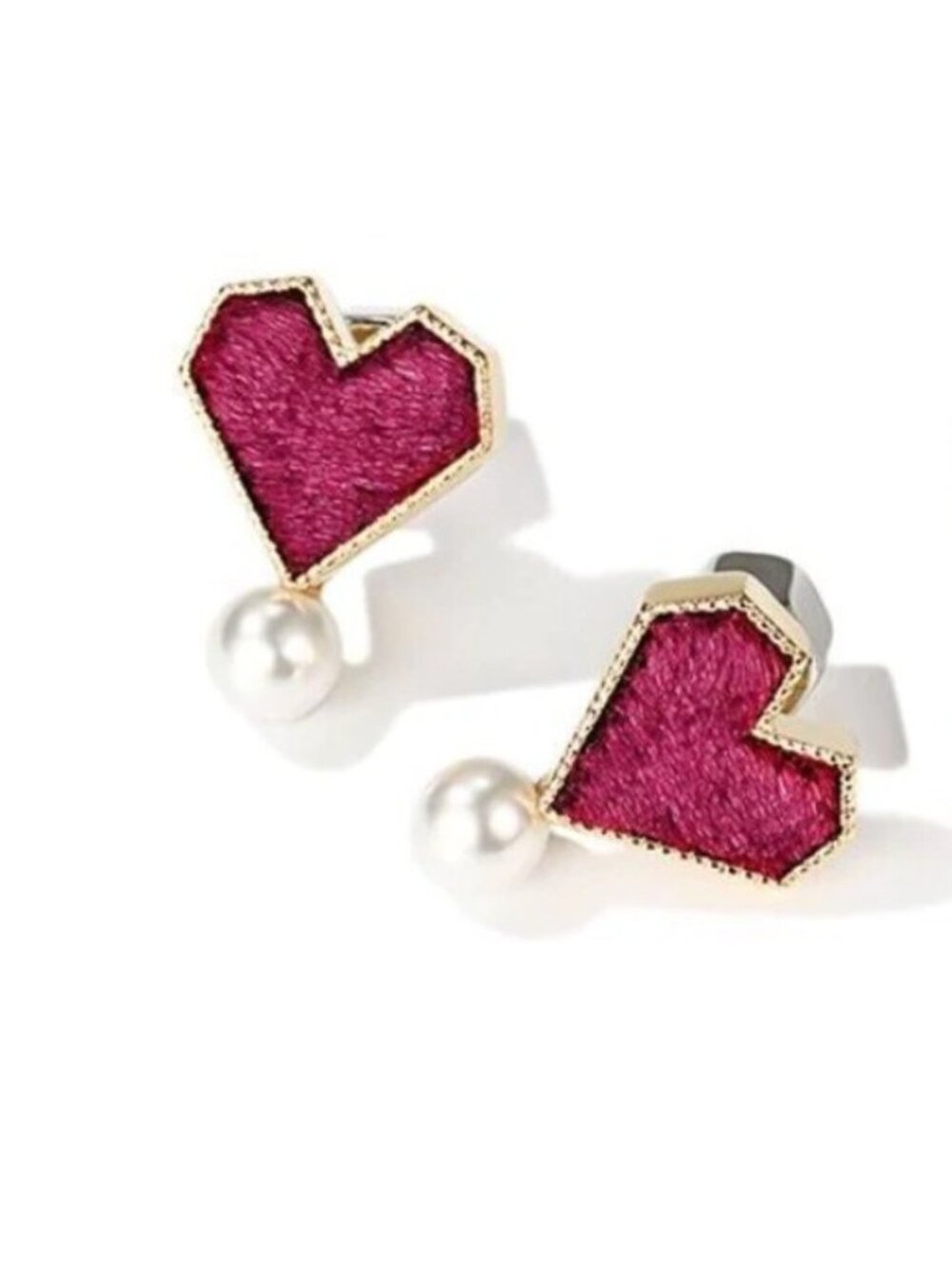 Red Heart & Round Pearl Yellow Gold Small Stud Earrings